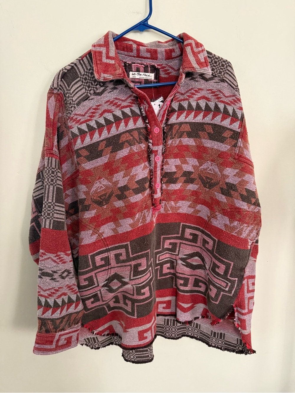 We The Free Aztec Button-Front Scoop-Neck Sweater in Red and Gray